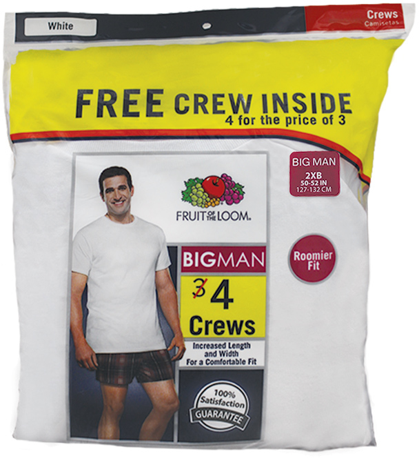 Wholesale Fruit of the Loom T- Shirts - White, 2 X, 4 Pack