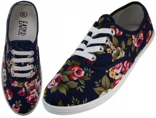 Wholesale Women's Navy Roses Printed Canvas Shoes (24 Pairs)(24x$8.29)