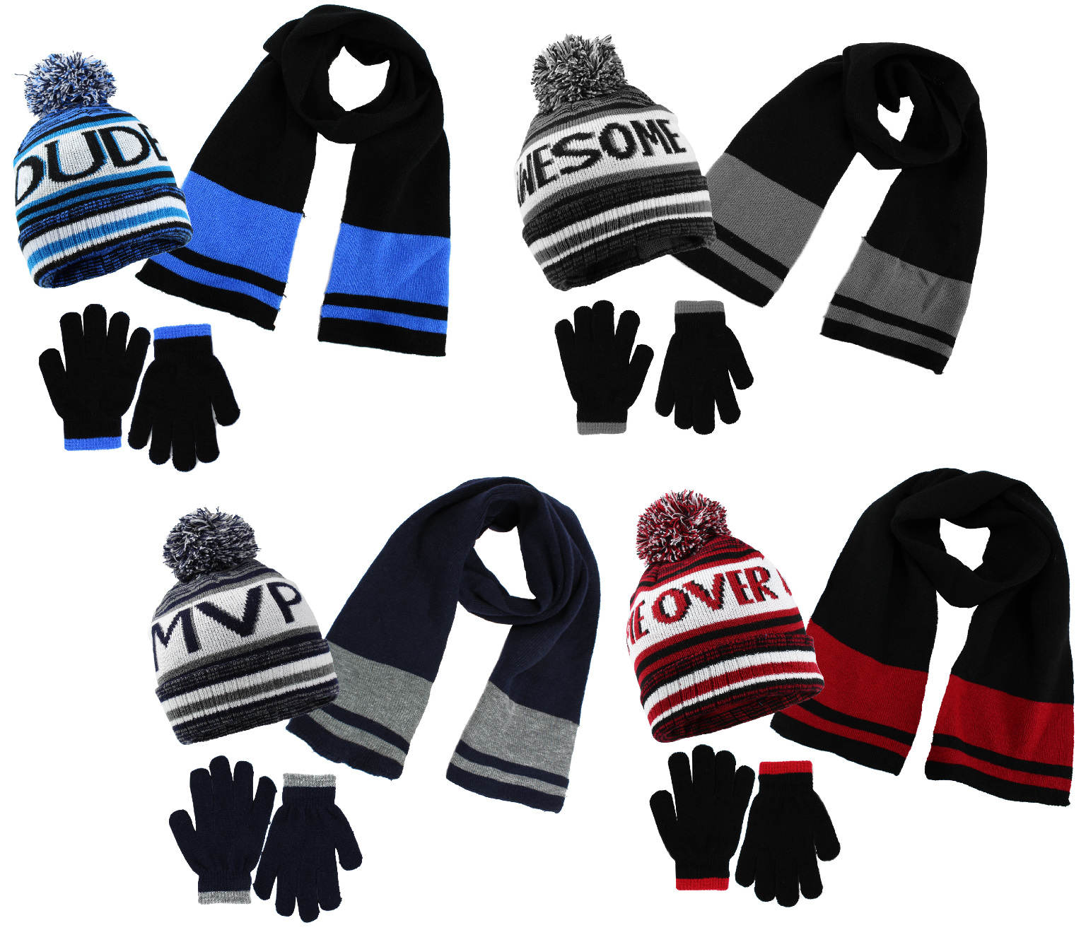 Boy's 3 Piece Two Tone Hat, Glove Scarf Set - Assorted Colors, Youth Size