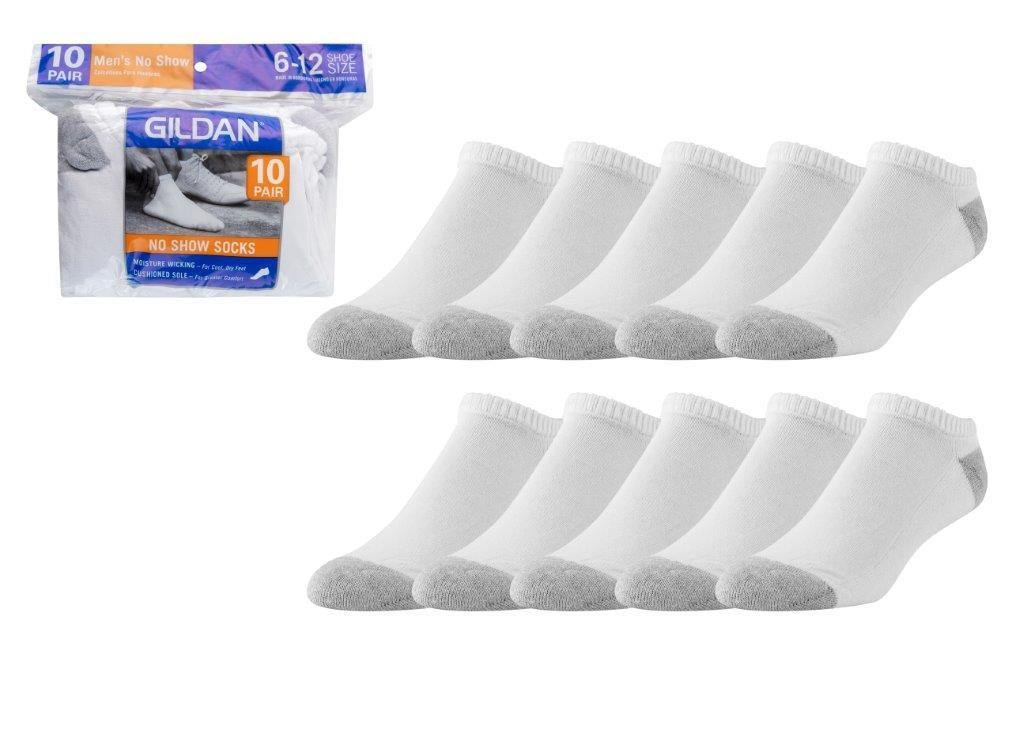 Wholesale Gildan Men's No-Show Socks - White w/Grey, 10-13, 10 Pack