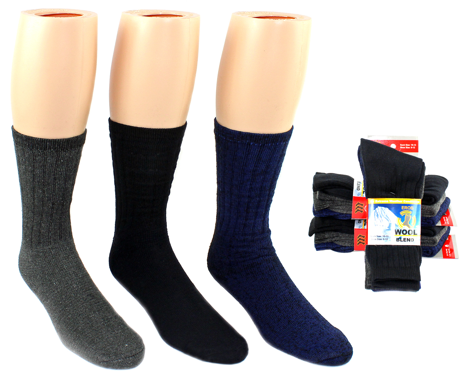 Bulk Men's Wool Thermal Crew Socks - Black & Grey, 3 Pack, Size 10-13