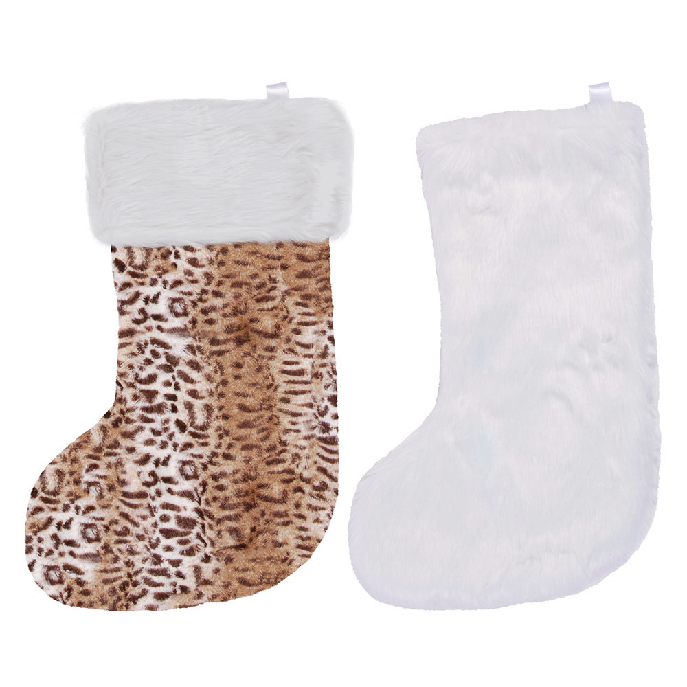 Wholesale Christmas Stockings - White, Cheetah, Polyester, Faux Fur