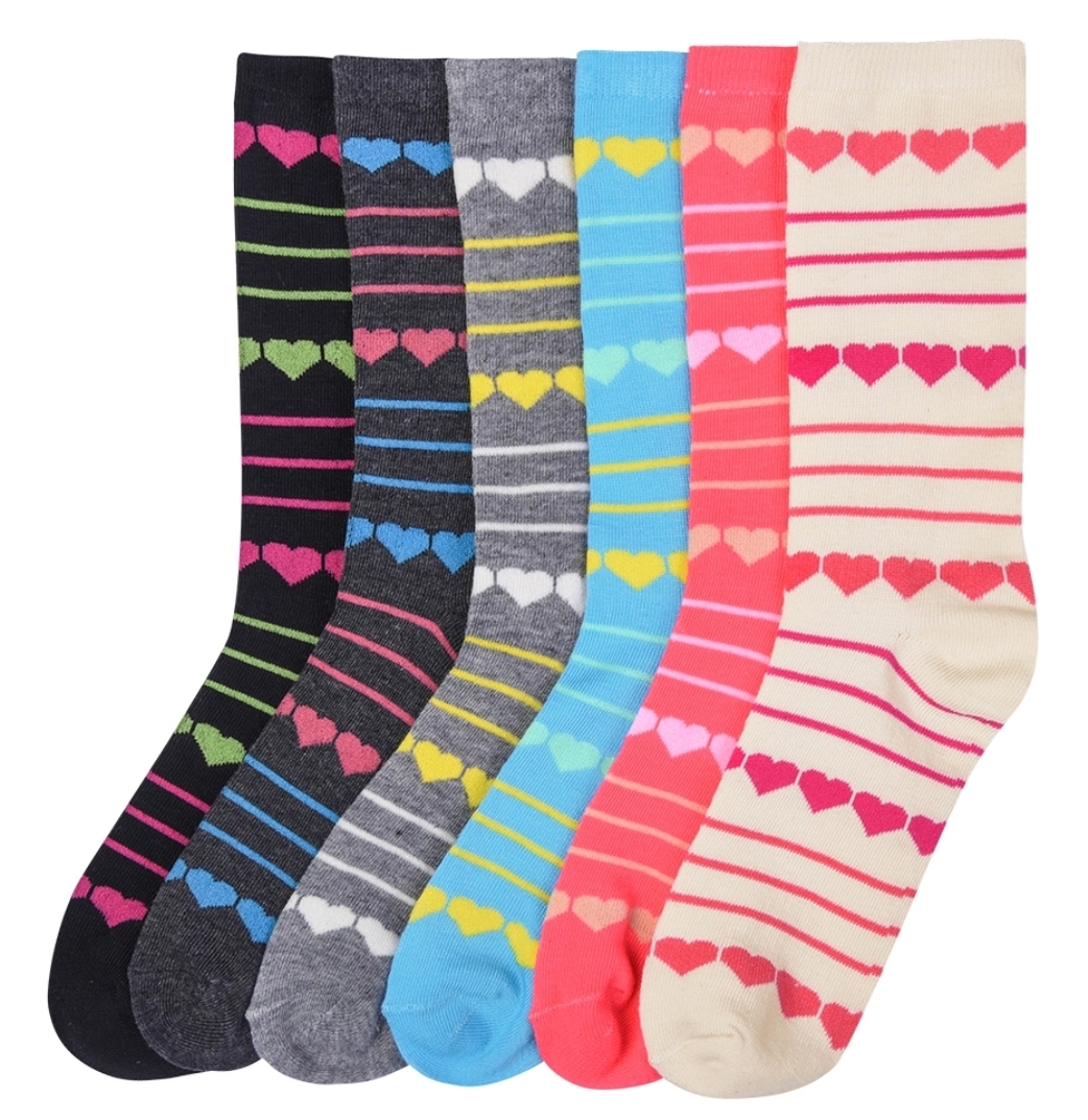 Bulk Women's Crew Socks with Heart & Stripe Designs