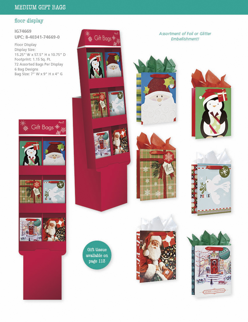 Wholesale Christmas Holiday Medium Gift Bags Floor Display(72x$0.95)