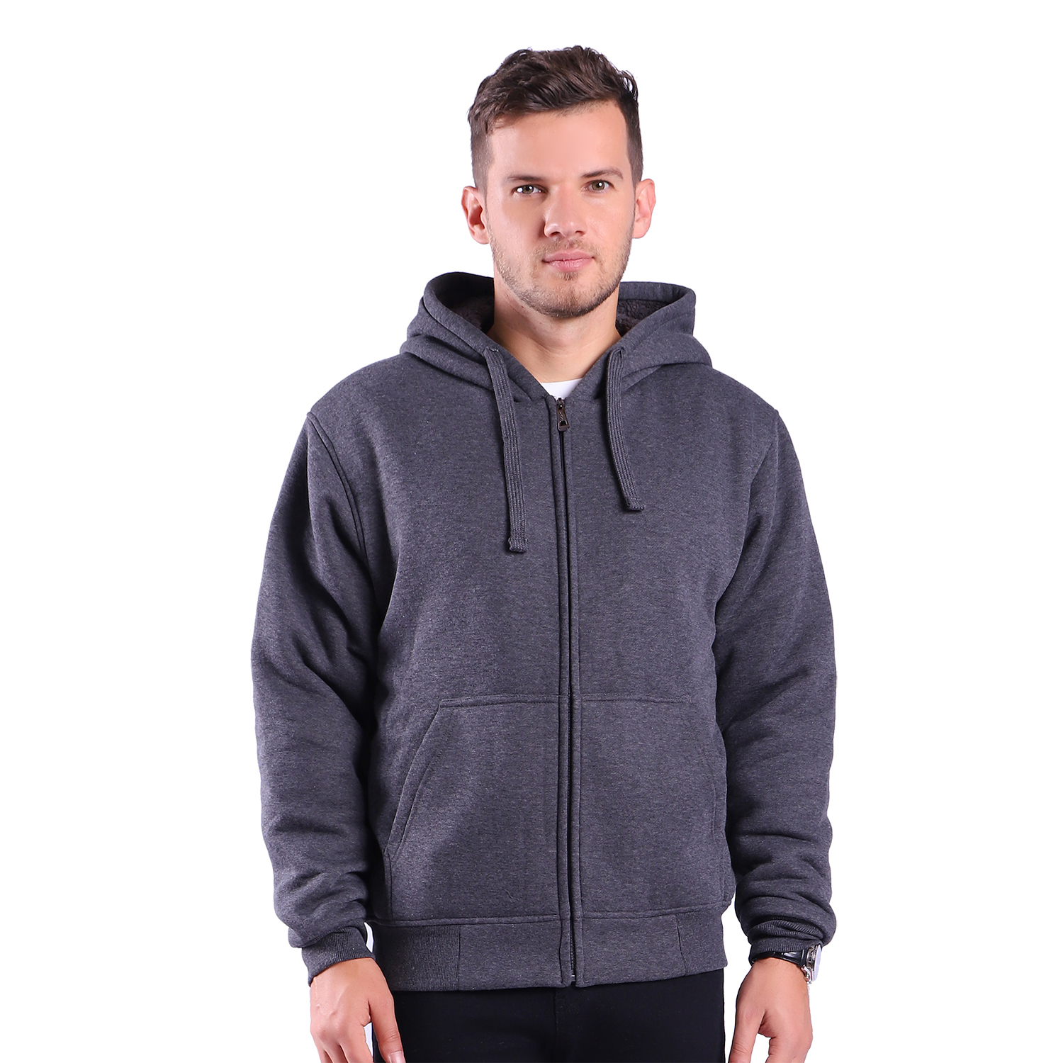 Wholesale Men's Zip Up Hoodies - S-2X, Charcoal, Sherpa Lined