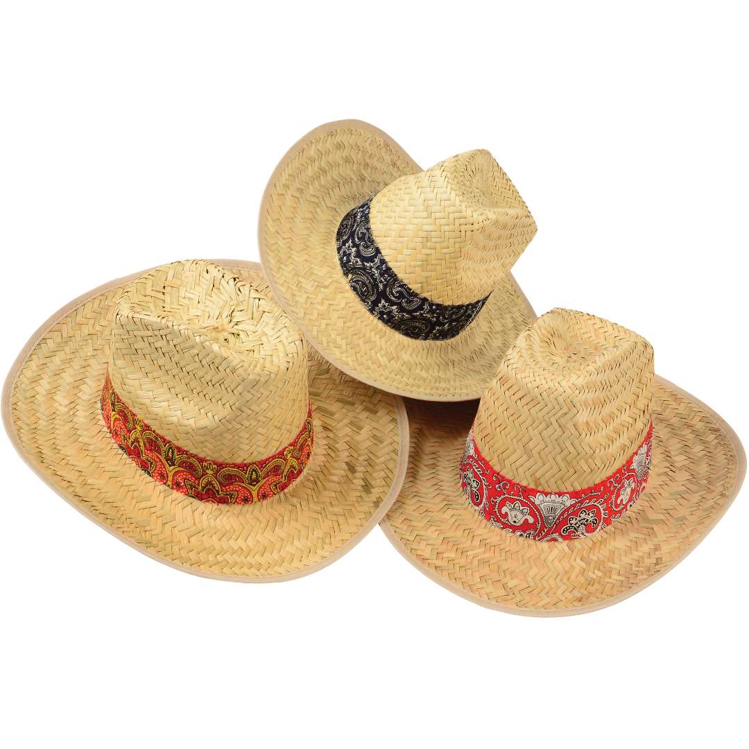 Wholesale Woven High Crown Cowboy Hat with Bandana Trim | DollarDays